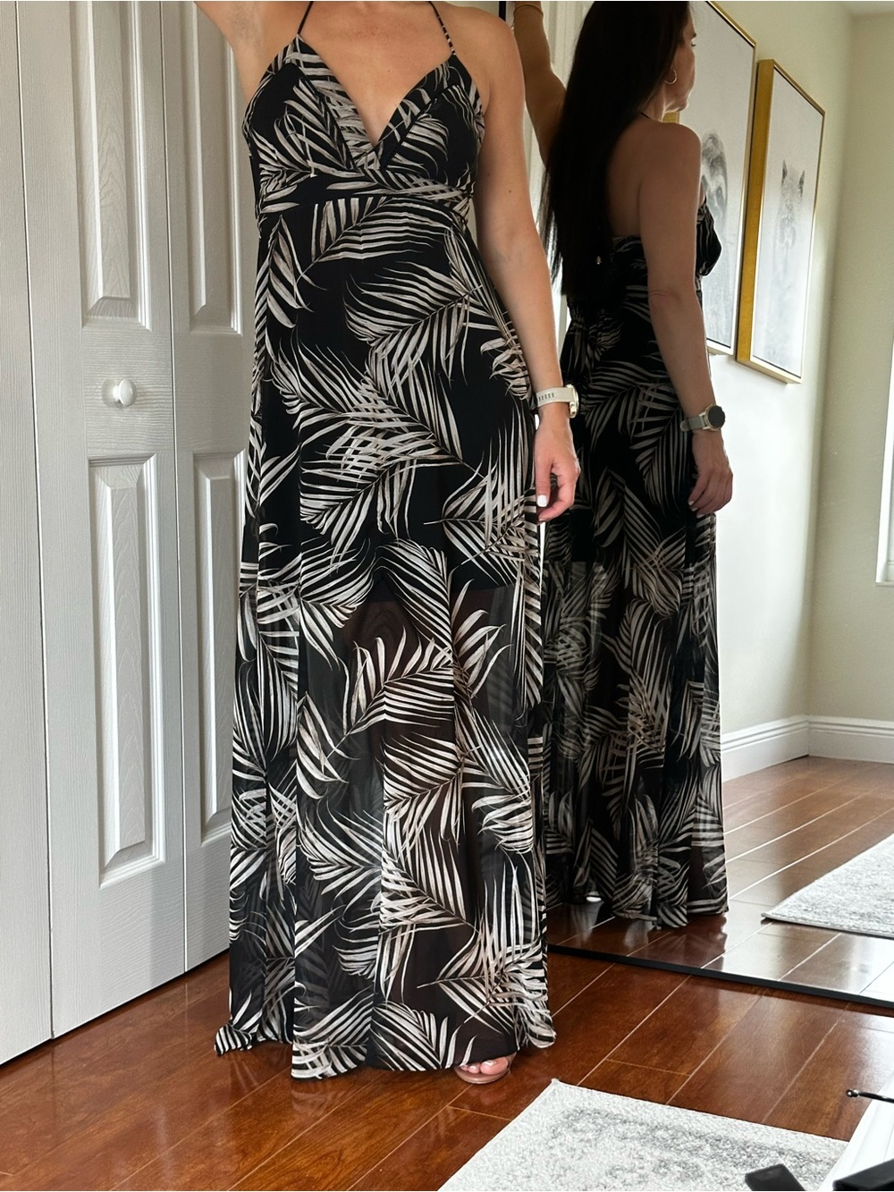 White House Black Market Black and Cream Palm-Leaf Maxi Dress